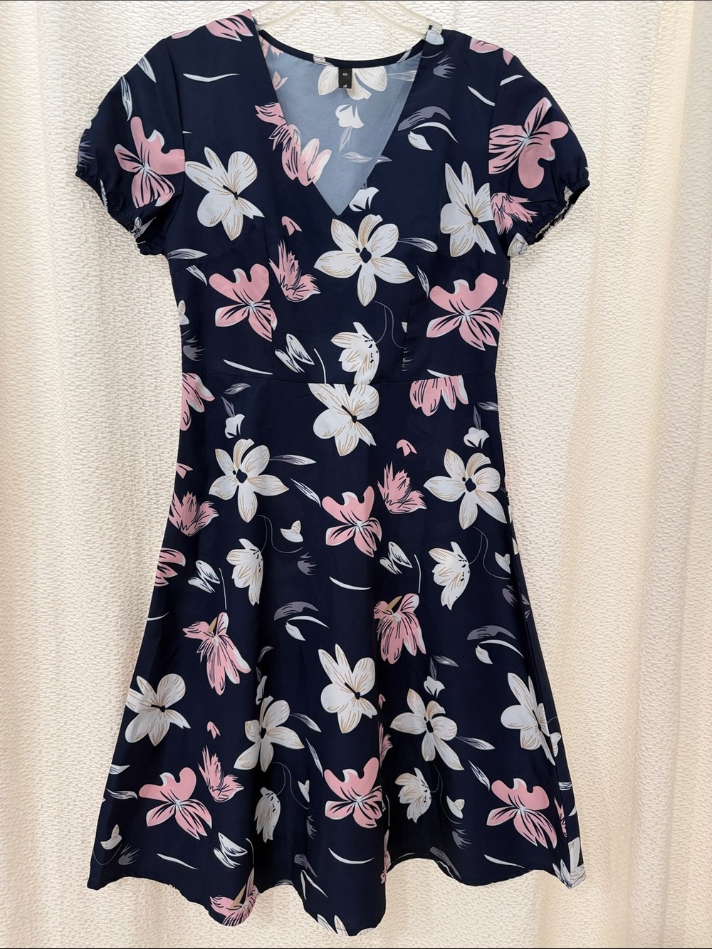 Navy Floral Fit & Flare Dress with Pink and White Blooms